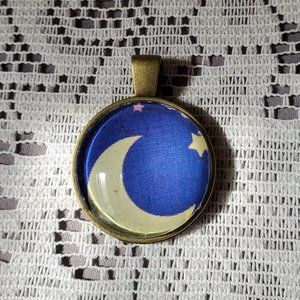 Moon & Stars on Blue Cabochon Pendant - Handmade